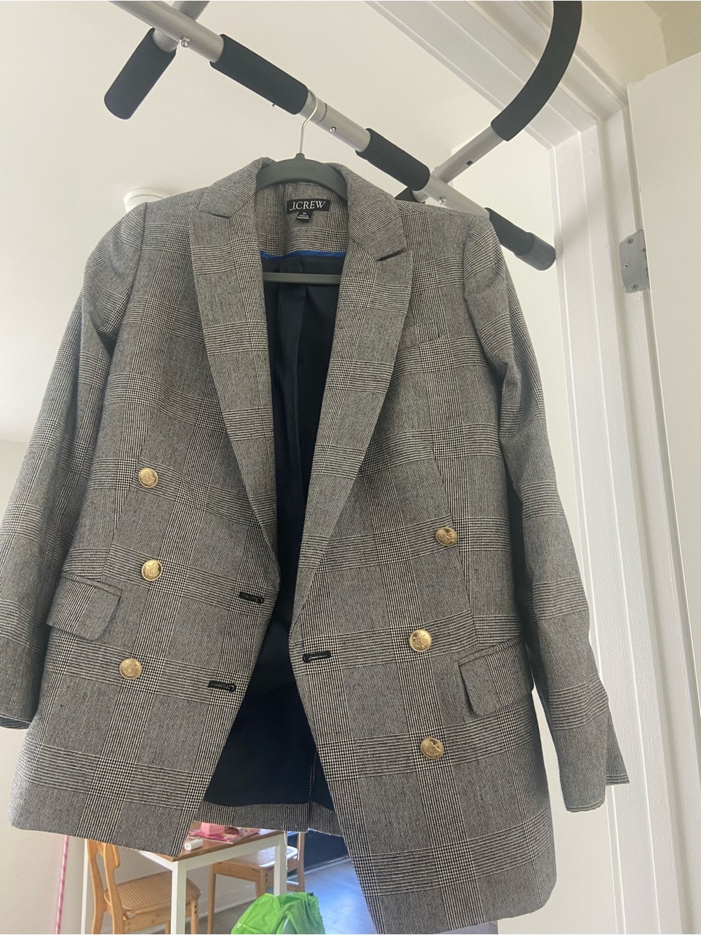 J. Crew Gray Glen Plaid Double-Breasted Blazer with Gold Buttons
